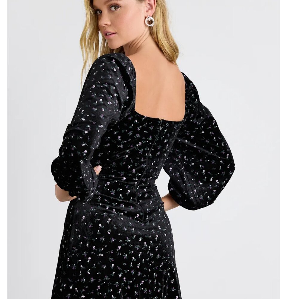 Lulus Adored Perfection Black Floral Velvet Balloon Sleeve Mini Dress - Size S - Picture 2 of 3